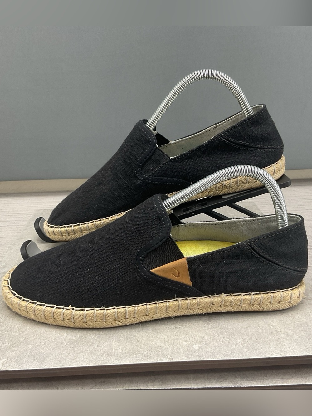 OluKai Black Canvas Slip-On Espadrille with Jute-Wrapped Sole and Tan Accent